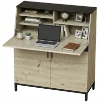 HOMCOM Industrieller Sekretär-Schreibtisch mit Regalen und Metallrahmen 100 cm Naturholz und Schwarz(m-11)