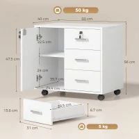 HOMCOM Mueble para Impresora con Ruedas Mesa para Impresora con Puerta y 3 Cajones Cerraduras Estante Ajustable Blanco(m-3)