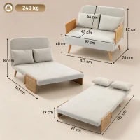 HOMCOM Klappbares 2‑Sitzer‑Sofa, 3‑in‑1 Chenille 103cm, verstellbare Rückenlehne, 2 Kissen, Holzarmlehnen, Creme(m-3)
