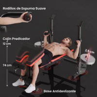HOMCOM Banco de Musculación Multifuncional, Banco de Pesas con Respaldo Ajustable, Soporte para Barras Regulable, Extensión de Piernas, Curl de Predicador, Mariposa, Entrenamiento Casa Gimnasio, Rojo(m-7)