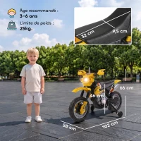 HOMCOM Moto électrique enfants, moto cross pour enfants avec batterie 6 V, phares, musiques et roues d'entraînement, 3 à 6 ans, charge 25KG, jaune et noir(m-3)