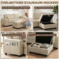 HOMCOM Ecksofa 216 cm 3-Sitzer L-Form Sofa mit Umkehrbarem Aufbwahrungshocker, Cord-Optik, Breiter Sitzfläche, für Wohnzimmer(m-5)