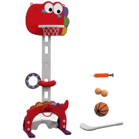 AIYAPLAY 5-in-1 Dinosaur Basketball Set with Adjustable Basketball Stand and Golf Game, Indoor for Boys Girls, Red(m-1)