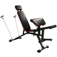 SPORTNOW Verstelbare halterbank tot 300 kg 3-in-1 trainingsbank met wieltjes Beentrainer Curlbank hoofdsteun weerstandsbanden(m-1)