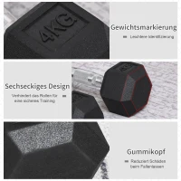 HOMCOM Hexagon Hanteln, 2er Set Hanteln mit gerändeltem Griff, Kurzhantelset aus Gusseisen, 2 x 4 kg, Kurzhanteln für Männer Frauen, Zuhause, Fitnessstudio, Krafttraining(m-4)