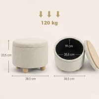 HOMCOM Opbergpoef, Ronde Zithocker met Deksel, Linnenlook voor Woonkamer, Slaapkamer, 38,5x38,5x33,5 cm Beige(m-3)