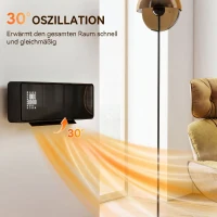 HOMCOM Wandmontierter 2000W Keramik Elektroheizer, Ventilator, Thermostat, Timer, Fernbedienung, Glaspaneel, Schwarz(m-6)