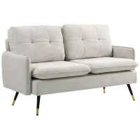 HOMCOM Divano 2 Posti in Tessuto Effetto Lino con Gambe in Acciaio e Cuscini Imbottiti, 139x68x80 cm, Bianco Crema(m-12)