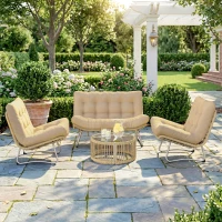 Outsunny Gartenmöbel Set 4-teilig Polyrattan Lounge-Set mit Zweisitzer 2 Sessel Glastisch Breitem & Tiefem Sitz Dicke Kissen(m-9)