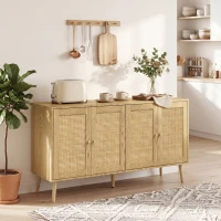 HOMCOM Rattan Sideboard mit 4 Türen, Boho Küchenbuffet mit 2 verstellbaren Einlegeböden, Holzoptik natur(m-10)