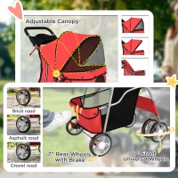 PawHut Dog Pram, Pet Stroller with Reflective Strips, Foldable Cat Stroller with 360° Swivel Wheels, Red(m-6)