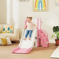 AIYAPLAY 5-in-1 Kinderrutschenset, Teleskop, Basketballkorb, HDPE, Kunststoff, Rosa+Weiß(m-10)
