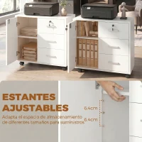 HOMCOM Mueble para Impresora con Ruedas Mesa para Impresora con Puerta y 3 Cajones Cerraduras Estante Ajustable Blanco(m-6)