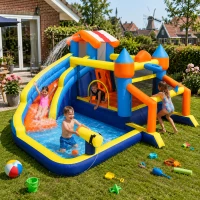 AIYAPLAY 8-in-1 Springkasteel met blower, glijbaan, plonsbad, trampoline en klimwand voor binnen en buiten, 350x325x210 cm, meerkleurig(m-2)