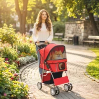 PawHut Dog Pram, Pet Stroller with Reflective Strips, Foldable Cat Stroller with 360° Swivel Wheels, Red(m-10)