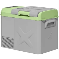 Outsunny 24,2 liter campingkoelkast, autokoelkast, koelbox met LED-licht, AC- en DC-adapter, stille werking, Grijs+Groen(m-14)