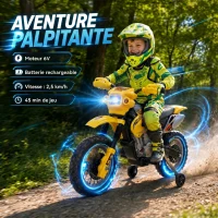 HOMCOM Moto électrique enfants, moto cross pour enfants avec batterie 6 V, phares, musiques et roues d'entraînement, 3 à 6 ans, charge 25KG, jaune et noir(m-4)