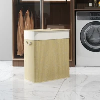 HOMCOM Cesto de Ropa Sucia de Bambú con 2 Compartimentos Asas para Facilitar el Uso y Bolsas Desmontables Lavables 52x32x63 cm(m-10)