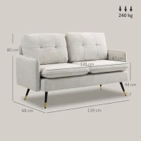 HOMCOM Divano 2 Posti in Tessuto Effetto Lino con Gambe in Acciaio e Cuscini Imbottiti, 139x68x80 cm, Bianco Crema(m-3)