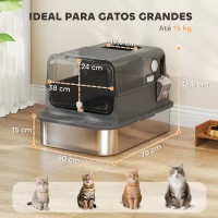 PawHut Caixa de Areia para Gatos XXL em Aço Inoxidável com Tampa Basculante, Laterais Altas, Entrada Superior, Pá, Preto(m-3)