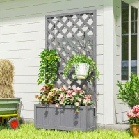 Outsunny Wood Planter with Trellis for Climbing Plants, Raised Bed, Planter Box with Drainage Holes to Grow Herbs Flowers, Grey(m-10)