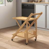 HOMCOM Desserte de cuisine en bambou chariot de service pliable 2 plateaux 4 roues 3 casiers à vin 66 x 40 x 70 cm bois naturel(m-2)