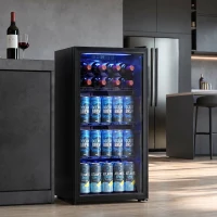 HOMCOM 90L Drinks Fridge, 139 Can Under Counter Freestanding Beer Fridge with LED Light(m-2)