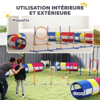 PawHut Agility-Ausrüstung für Hunde 12-teilig, 4 Tunnel, verstellbare Sprünge, Ring, Slalom, 357x65x68cm, mehrfarbig(m-5)