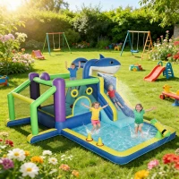 AIYAPLAY Castello Gonfiabile con Scivolo, Parete da Arrampicata, Porta, Piscina e Canestro, 405x345x235 cm, Blu e Giallo(m-10)