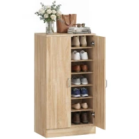 HOMCOM Schuhschrank mit 2 Türen, 6 verstellbare Regalböden, Soft-Close-Scharniere für 14 Paar Schuhe, Naturholz(m-12)