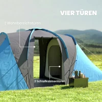 Outsunny Tunnelzelt, 2000mm Wasserabweisend Campingzelt für 4 Personen, mit 2 Schlafzimmern Wohnbereich Tragetasche Grau+Blau(m-5)
