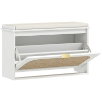 HOMCOM Banco Zapatero Boho con Asiento Acolchado Puerta de Ratán Cajón Abatible Estante Ajustable 8 Pares 80x26x47,5 cm Blanco