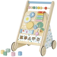 AIYAPLAY Wooden Baby Walker, Toddler Push Along Walker with Speed Control, Activity Centre and 5 Blocks for 18 Months+, Natural(m-15)