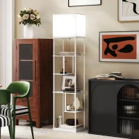 HOMCOM Stehlampe Stehleuchte mit Regalen, einstellbare Helligkeit & Farbtemperatur für Schlafzimmer, Büro, Wohnzimmer, Weiß(m-7)