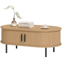 HOMCOM Mesa de Centro con Puertas de Tambor Deslizantes Mesa de Café Ovalada con Almacenamiento Oculto 100x55x40 cm Natural(m-11)
