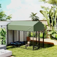 PawHut Recinto per Cani da Esterno in Acciaio con 2 Ciotole Girevoli e Tetto in Tessuto Oxford, 244x122x183 cm, Verde(m-10)