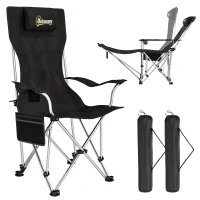 Outsunny Set van 2 Opvouwbare Campingstoelen met Afneembare Voetsteun en Bekerhouder, Belastbaar tot 120 kg - Zwart(m-11)