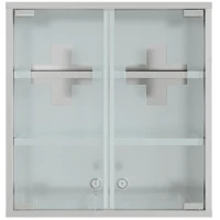 HOMCOM Szafka na leki, zamykana szafka na leki z 2 kluczami, szklane drzwi i 6 półek, 48 x 46 x 12 cm, srebrny(m-11)