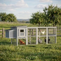 PawHut Large Chicken Coop, Wooden Hen House with Covered Run, Nesting Box, Pull-Out Tray, Opening Asphalt Roof, Grey(m-10)