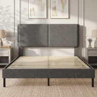 HOMCOM Cadre de Lit 140 x 190 cm avec Sommier et Tête Réglable, Lit Double Rembourré en Lin, Rangement au-dessous, Gris(m-2)