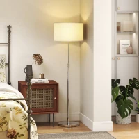 HOMCOM Staande Lamp met Afstandsbediening, Hoogte Verstelbaar, Stoffen Kap, Metalen Standaard, Aanpasbare Helderheid, Voetschakelaar, Beige(m-9)