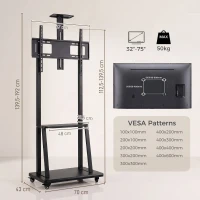 HOMCOM Carrello Porta TV 32-75 Pollici con Altezza Regolabile, Ruote e Ripiano, Nero(m-3)