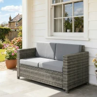 Outsunny Poly-Rattan Sofa mit Kissen 2-Sitzer Garten Loungesofa Metall Polyester Grau 130 x 70 x 80 cm(m-2)
