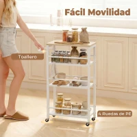 HOMCOM Carrito Auxiliar con Ruedas de 4 Niveles Carrito de Cocina con Toallero y 6 Ganchos para Comedor 50x20x81 cm Roble(m-6)