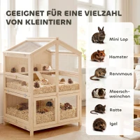 PawHut Hamsterkäfig aus Holz 3 Etagen Nagerkäfig Kleintierkäfig mit Hütten Wippen Rampen Wasserschalen 68x61,5x90 cm Naturholz(m-9)