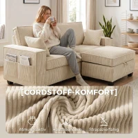 HOMCOM Ecksofa 216 cm 3-Sitzer L-Form Sofa mit Umkehrbarem Aufbwahrungshocker, Cord-Optik, Breiter Sitzfläche, für Wohnzimmer(m-7)