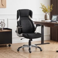 Vinsetto Chaise de Bureau Ergonomique en Tissu Effet Lin avec Support Lombaire, Hauteur Réglable, Bascule, Noir(m-2)