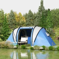 Outsunny 4-5 Persoons Campingtent Waterafstotend Blauw Familie Tent met Drie Compartimenten en Zijdeur(m-2)