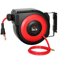 HOMCOM Slanghaspel met terugtrekmechanisme, 16,5 m lange slang, wandmontage, Rood+Zwart(m-10)