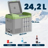 Outsunny 24,2 liter campingkoelkast, autokoelkast, koelbox met LED-licht, AC- en DC-adapter, stille werking, Grijs+Groen(m-3)